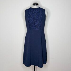 Karl Lagerfeld Paris Navy Blue Floral Lace & Ruffle Neck Shift Dress